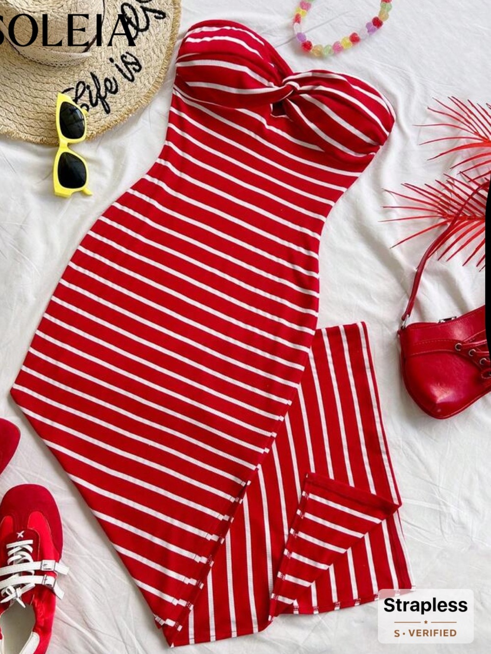 Red and White Striped Strapless Midi Dress